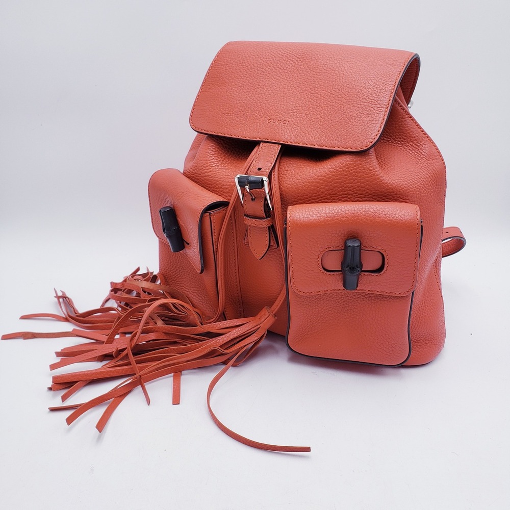 Gucci Bamboo Backpack Orange Pebbled Leather Tassel‎ - Picture 2 of 16